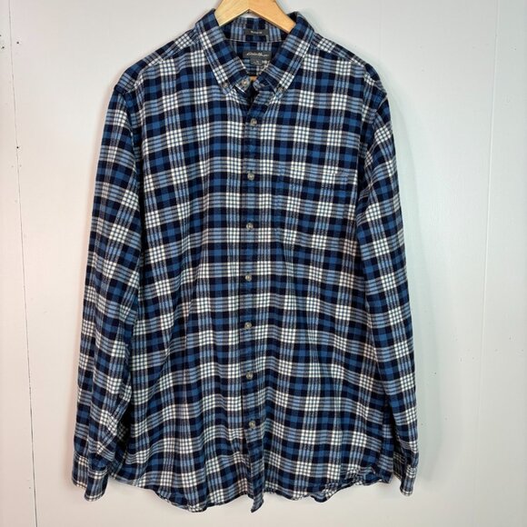 Eddie Bauer Shirt Large Tall LT Flannel Blue Plaid Cotton Button-Up Men's TL - Picture 1 of 8